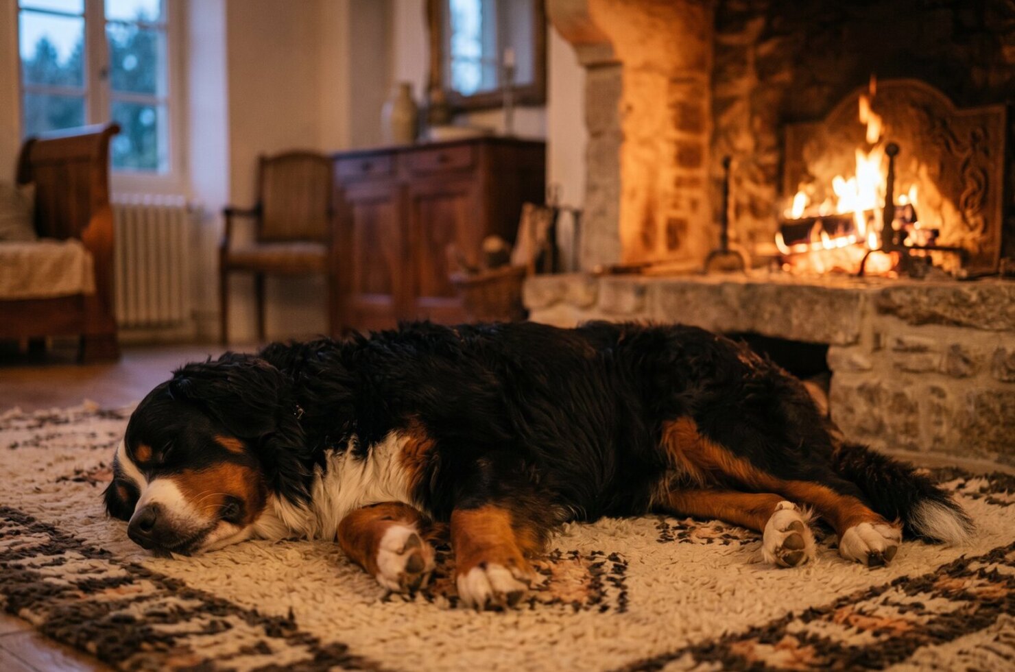 Bouvier Bernois adulte couché paisiblement devant la cheminée d'un chalet